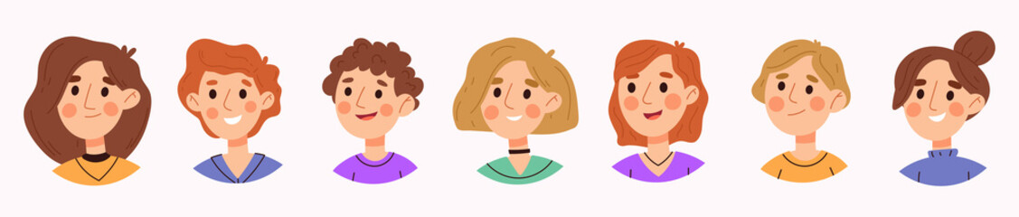 Set of avatars of children characters. Happy kid profile avatar for social media or blog account, school children smiling set