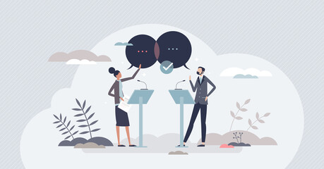 Political debate and discussion with candidate speakers tiny person concept. Public communication and democratic speech in front of audience vector illustration. Stage communication with arguments.