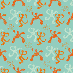 Funky dancing people vector pattern background. Fun backdrop of abstract dance figures with musical notes texture. Blue and neon orange repeat. hand drawn all over print for summer, music festival