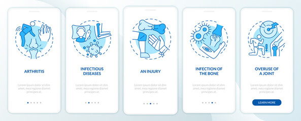 Fototapeta premium Inflammatory joint diseases blue onboarding mobile app screen. Walkthrough 5 steps graphic instructions pages with linear concepts. UI, UX, GUI template. Myriad Pro-Bold, Regular fonts used