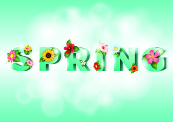 colorful letters make up a spring arrangement of fresh spring flowers on blue tiffany background.
