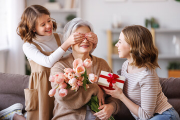 Happy International Mother's Day.Smiling  daughter and granddaughter giving flowers  and gift to grandmother   celebrate spring holiday Women's Day at home - 491418682