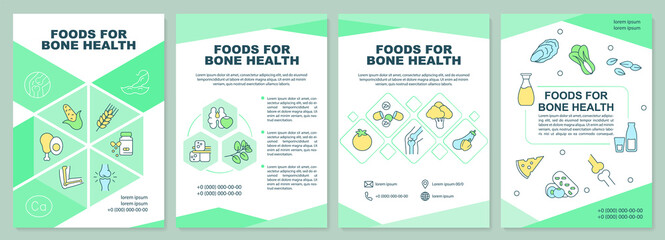 Fototapeta na wymiar Foods for bone health green brochure template. Balanced diet. Leaflet design with linear icons. 4 vector layouts for presentation, annual reports. Arial-Black, Myriad Pro-Regular fonts used