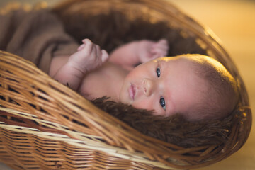 Close-up portrait of a newborn baby girl lying in a brown blanket in a basket. Happy baby