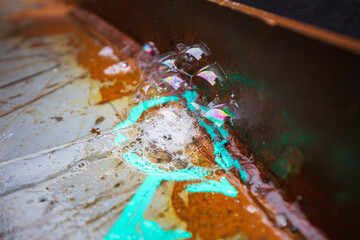 Weld of bubble air leak test pressure pontoon roof deck tank.