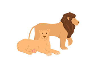 Family or pride with male and female lions, vector illustration isolated.