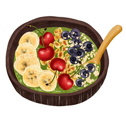 木のスプーンとスムージーボウル　グリーンスムージー　ブルーベリー、バナナ、グラノーラ、サクランボ
Smoothie Bowl,green　smoothie bowl