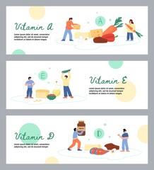 Food rich in vitamin A, E and D with people carrying healthy products, horizontal banner, flat vector illustration.