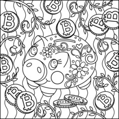 Cute pig coloring page. Creative money box cartoon piggy bank with bitcoin.	