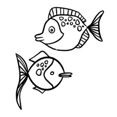 Gold fish. In cartoon style. Funny fish in the underwater world. Sketch of adult or child anti-stress coloring, line drawing, logo for tattoo with doodle