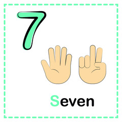 Number seven vector image. Number flash card with hand sign.