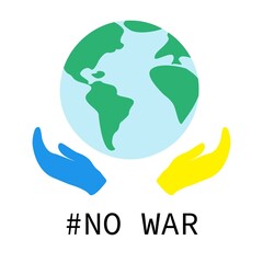 Stop the war concept illustration for Ukraine. Planet with hands in Ukraine flag colours.