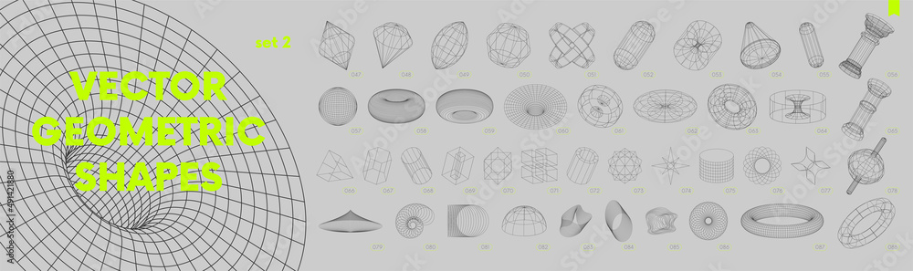 Aufkleber collection of strange wireframes vector 3d geometric shapes, distortion and transformation of figure