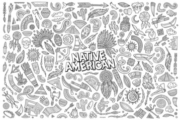 Vector hand drawn doodle cartoon set of Native American objects