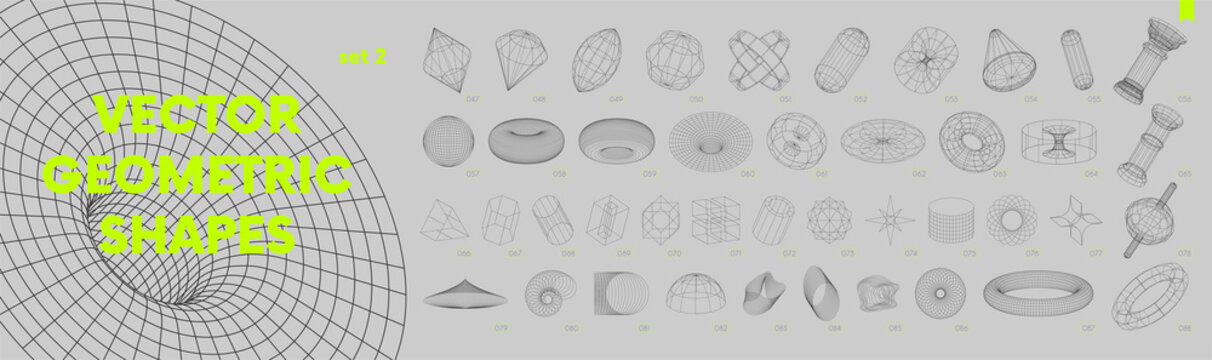 Collection of strange wireframes vector 3d geometric shapes, distortion and transformation of figure, set of different linear form inspired by brutalism, graphic design elements, set 2