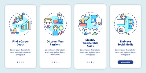 What to do if career is wrong onboarding mobile app screen. Find coach walkthrough 4 steps graphic instructions pages with linear concepts. UI, UX, GUI template. Myriad Pro-Bold, Regular fonts used