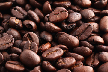 Roasted coffee beans background, Top view