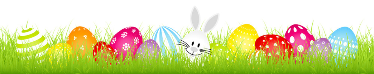 Banner Weißes Hasenei Mit Bunten Ostereiern Weißes Muster Wiese