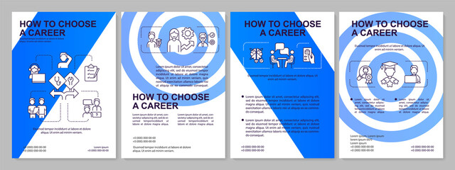 How to select career path blue brochure template. Plans after graduation. Leaflet design with linear icons. 4 vector layouts for presentation, annual reports. Arial, Myriad Pro-Regular fonts used