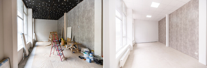 Unfinished building interior white room repairs in the apartment preparing in the roomrenovation...