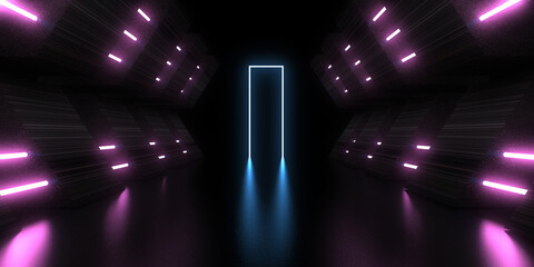 Obraz premium 3D abstract background with neon lights. neon tunnel .space construction . .3d illustration