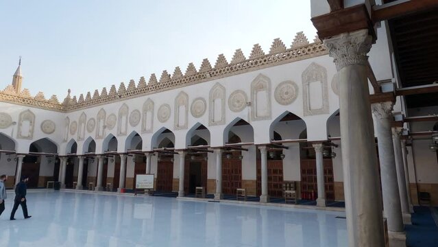 Slow panorama of Monumental courtyard of Al-Azhar Mosque, Islamic World, Cairo