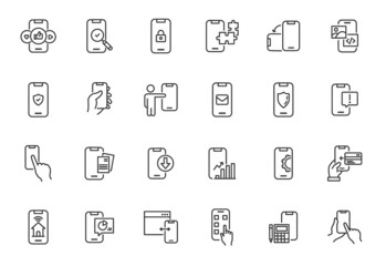 Mobile app hand hold phone line icon. Vector thin smart phone device digital application set design screen template