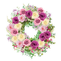 Colorful wreath with roses and spring herbs. Isolated on white background. 