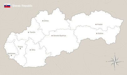 Vector simple line map of the Slovak Republic with marked regions.