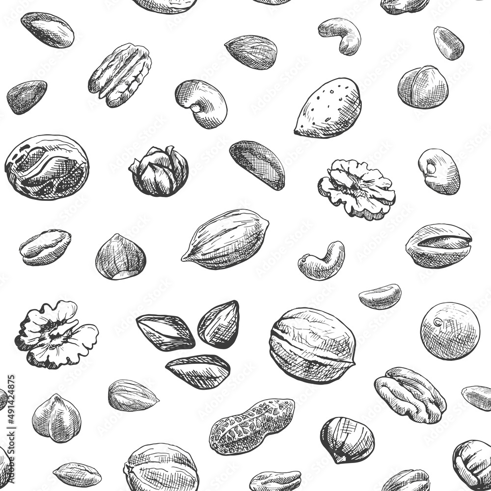 Wall mural Nuts seamless pattern. Hand drawn elements. Sketch almond, brazil nut, nutmeg, macadamia, cashew, pecan, peanut, pistachio, chestnut.Vector Illustration for design package, menu - Wall murals