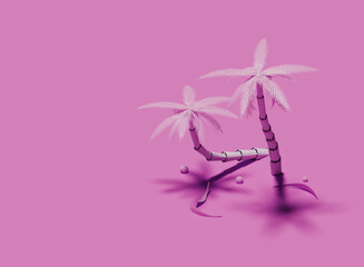 Two pink palm trees isolated on pink background. 3d render