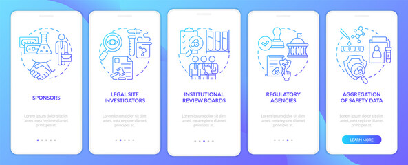 Safety blue gradient onboarding mobile app screen. Clinical trials walkthrough 5 steps graphic instructions pages with linear concepts. UI, UX, GUI template. Myriad Pro-Bold, Regular fonts used