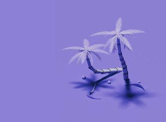 Two purple palm trees isolated on purple background. 3d render