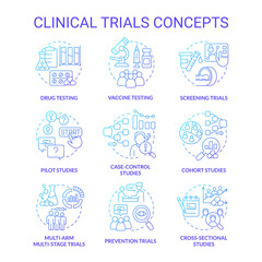 Clinical trials blue gradient concept icons set. Healthcare study. Medical research idea thin line color illustrations. Isolated symbols. Editable stroke. Roboto-Medium, Myriad Pro-Bold fonts used