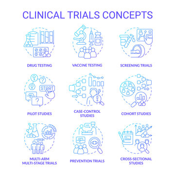 Clinical Trials Blue Gradient Concept Icons Set. Healthcare Study. Medical Research Idea Thin Line Color Illustrations. Isolated Symbols. Editable Stroke. Roboto-Medium, Myriad Pro-Bold Fonts Used