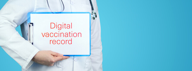 Digital vaccination record. Doctor with stethoscope holds blue clipboard. Text is written on document.