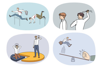 Set of diverse businessman compete for job with rival. Collection of men employees or workers engaged in competition for workplace. Rivalry and opposition. Flat vector illustration. 