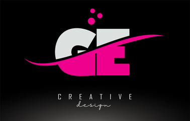 GE G E white and pink Letter Logo with Swoosh and dots.
