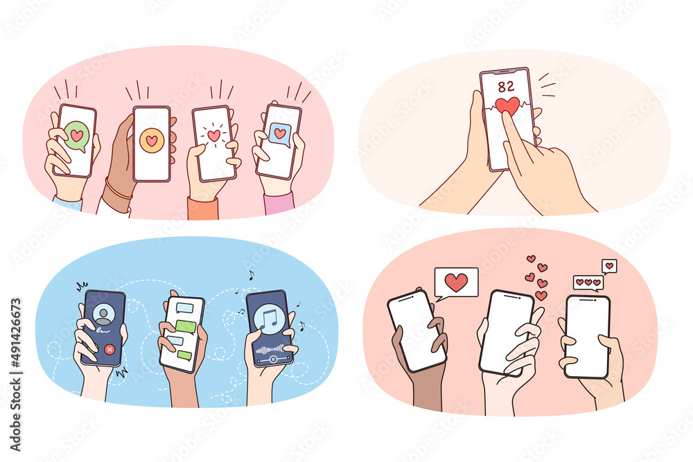 Poster set of people hold smartphones in hands text and message online on device. collection of humans use 