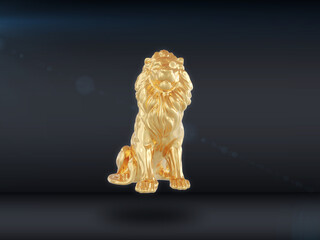 The golden lion is isolated on a dark background. 3d render