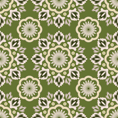 Folk floral ornament. Seamless pattern with abstract flowers on pink background