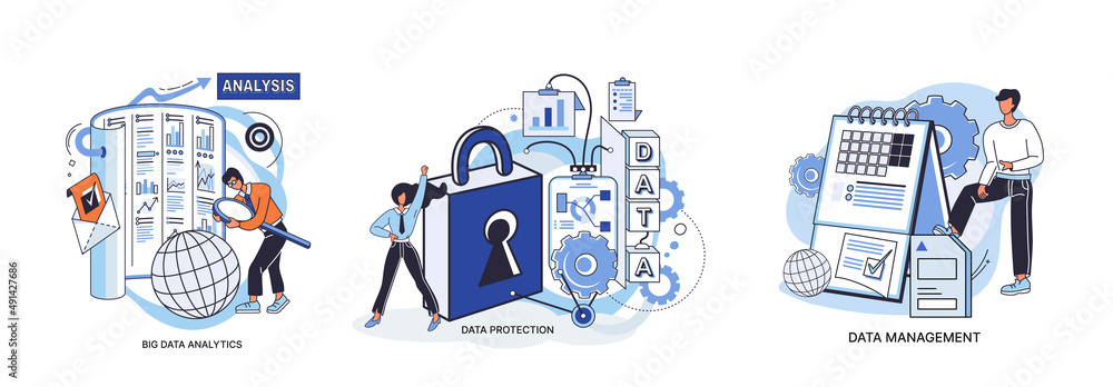 Poster big data analytics platform, data management and protection creative metaphor set abstract concept. 