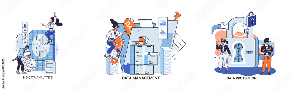 Poster big data analytics platform, data management and protection creative metaphor set abstract concept. 