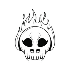Abstract Black Simple Line Skull With Fire Flame Skeleton Doodle Outline Element Vector Design Style Sketch Isolated On White Background Illustration Bones, Botanic, Skeleton
