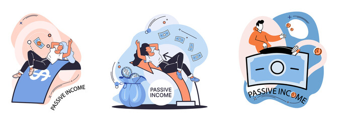 Passive income metaphor, interest on deposits, dividends, investing, online monetization. Profit, money from investments. Remote job and freelancing. Idea of financial growth and business development