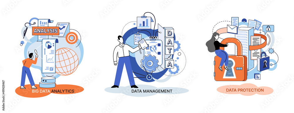 Poster big data analytics platform, data management and protection creative metaphor set abstract concept. 