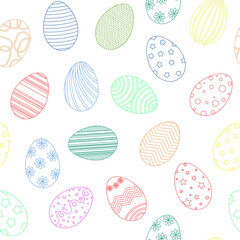 Colored painted decorated Easter eggs seamless pattern. Background with eggs linear drawing. Template for celebratory paper, fabric and design vector illustration