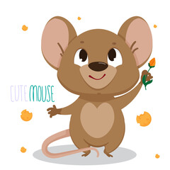 Cute vector mouse character in cartoon style. This cute mouse wants to give you a flower. Postcard. Children's poster. Children's print.