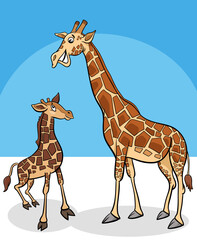 cartoon baby giraffe animal character with mother