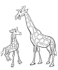 cartoon baby giraffe with mother coloring book page